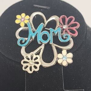 MOM Floral Brooch Silver Tone Multicolor Enamel Rhinestone Vintage